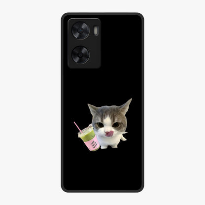 Matcha Cat Style Glass Case showing flat back view with cute matcha themed cat artwork and glossy glass finish.