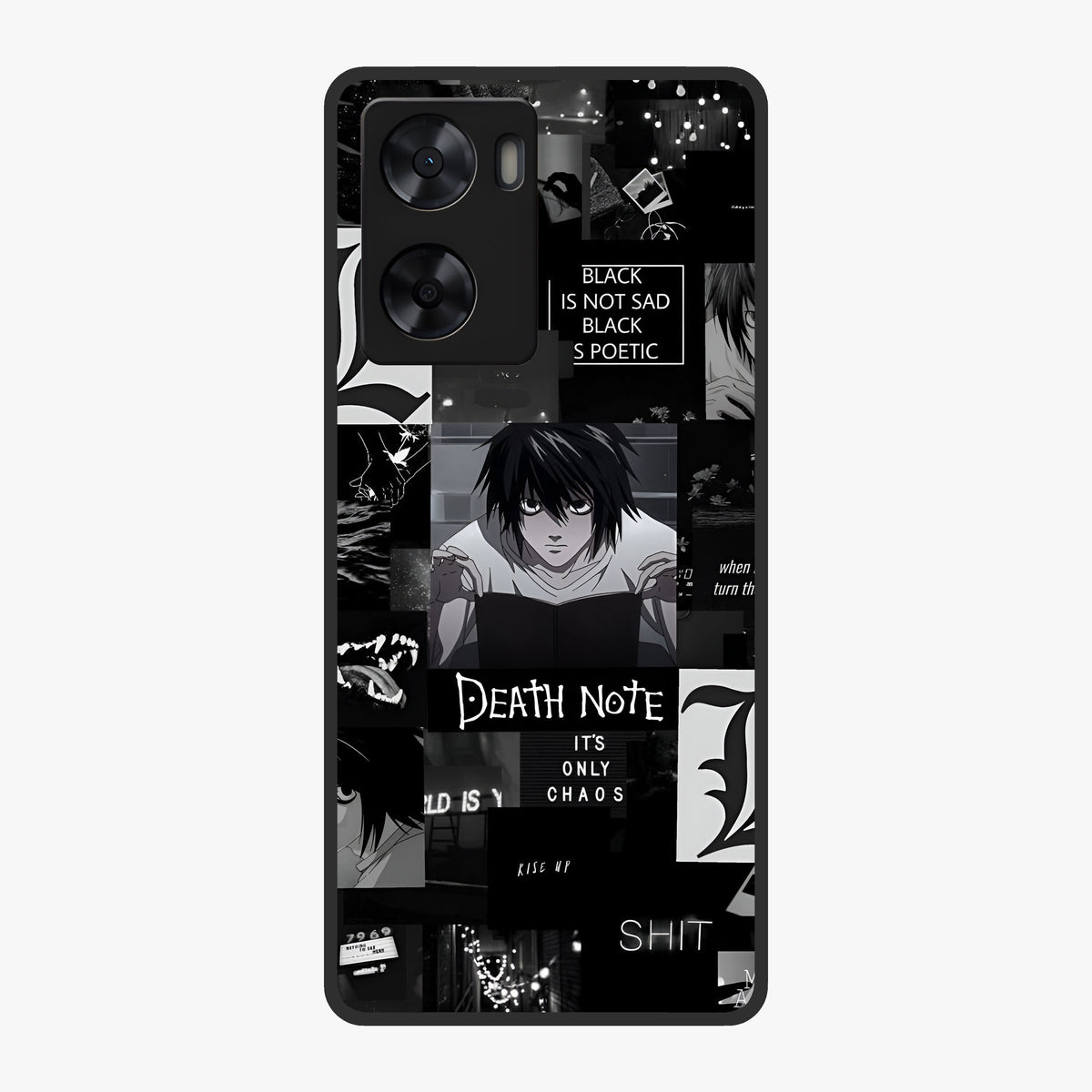 Midnight Chaos Mind Glass Case showing flat back view with abstract dark themed artwork and glossy glass finish.