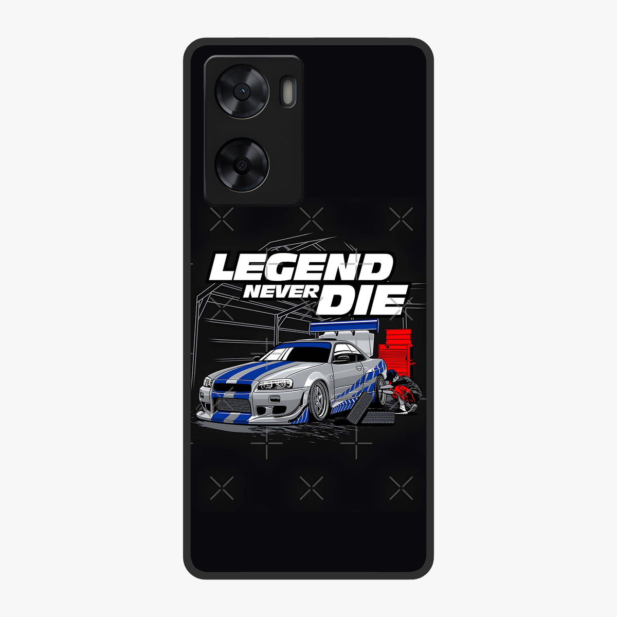 Midnight Racing Legacy Glass Case showing flat back view with sleek racing inspired artwork and glossy glass finish.