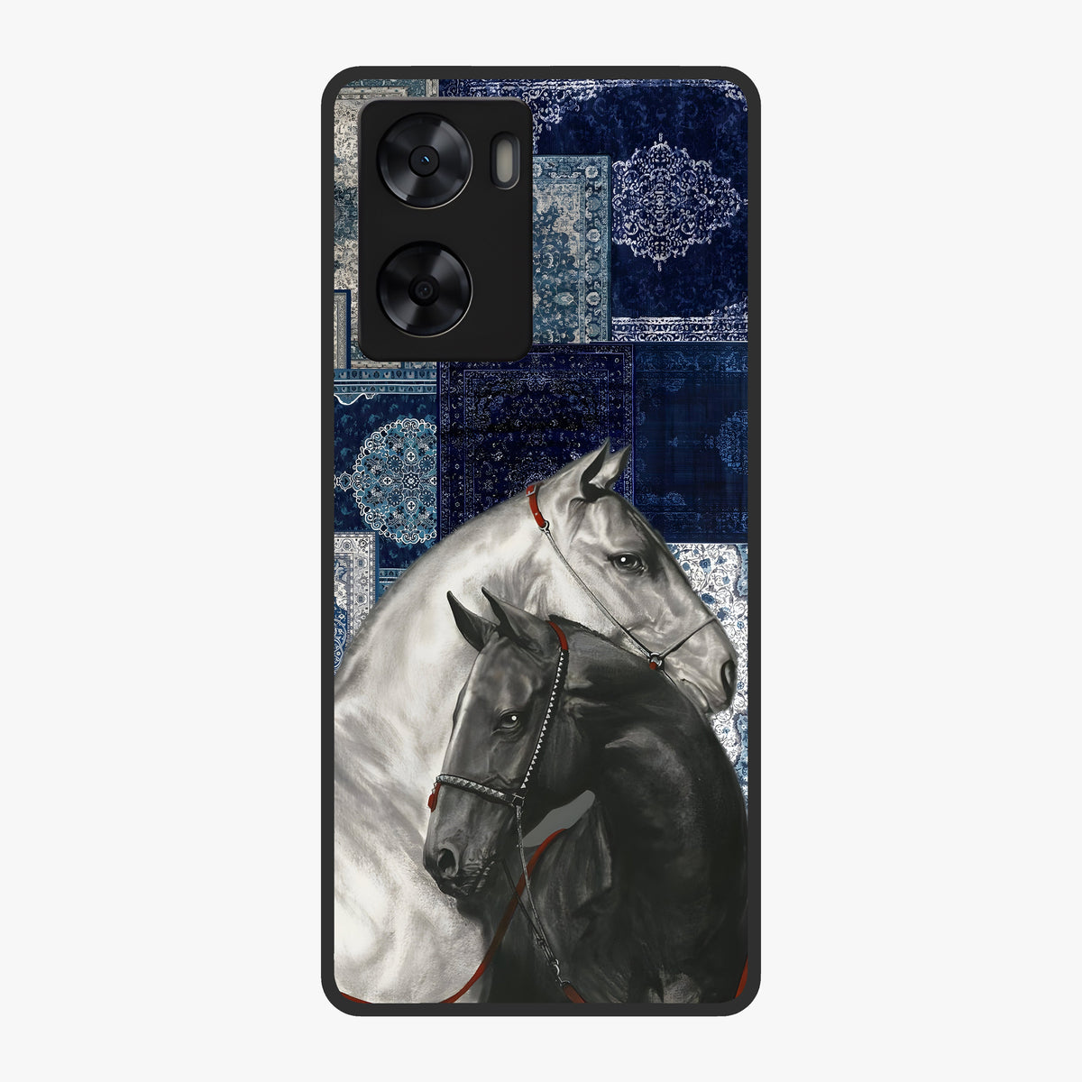 Midnight Stallion Blues Glass Case showing flat back view with majestic horse artwork and glossy glass finish.