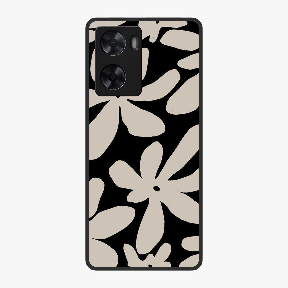 Monochrome Petal Dance Glass Case showing flat back view with monochrome floral artwork and glossy glass finish.