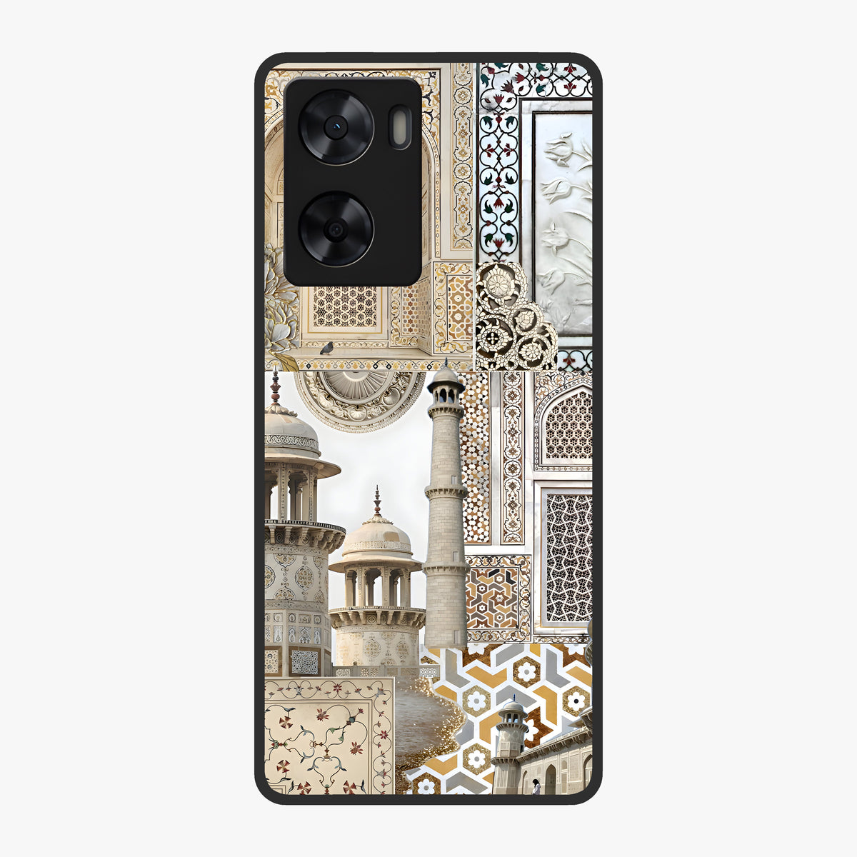 Mughal Marble Legacy Glass Case showing flat back view with intricate Mughal inspired marble pattern and glossy glass finish.
