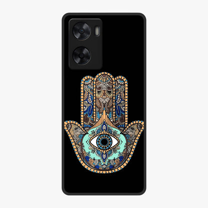 Mystic Hamsa Eye Glass Case showing flat back view with protective hamsa hand and evil eye artwork and glossy glass finish.