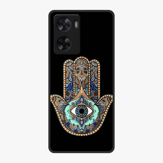 Mystic Hamsa Eye Glass Case showing flat back view with protective hamsa hand and evil eye artwork and glossy glass finish.