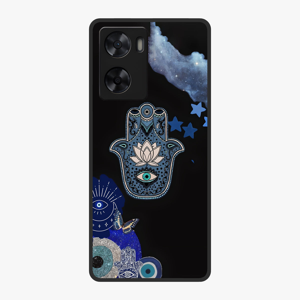 Mystic Hand Aura Glass Case showing flat back view with mystical hand symbol artwork and glossy glass finish.