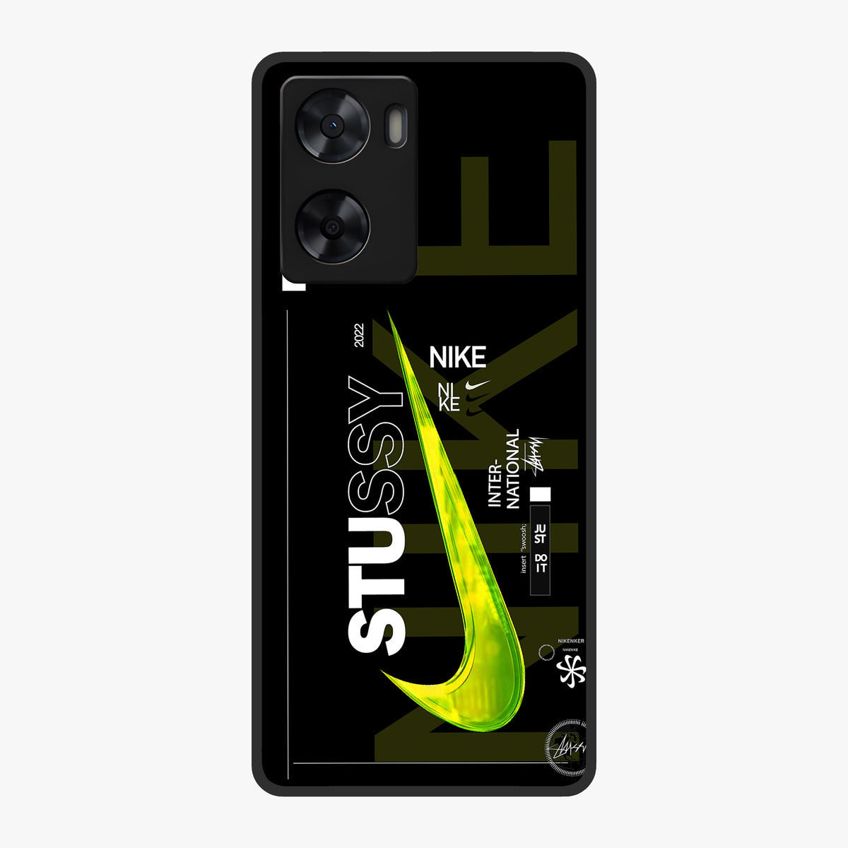 Neon Street Edition Glass Case showing flat back view with neon street style artwork and glossy glass finish.