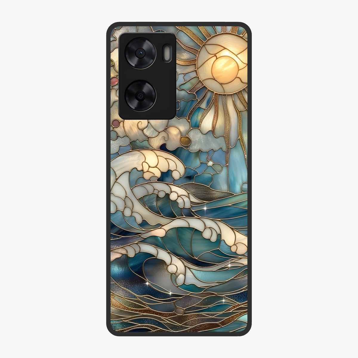 Oceanic Stained Printed Glass Case showing flat back view with ocean inspired stained pattern artwork and glossy glass finish.
