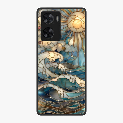 Oceanic Stained Printed Glass Case showing flat back view with ocean inspired stained pattern artwork and glossy glass finish.