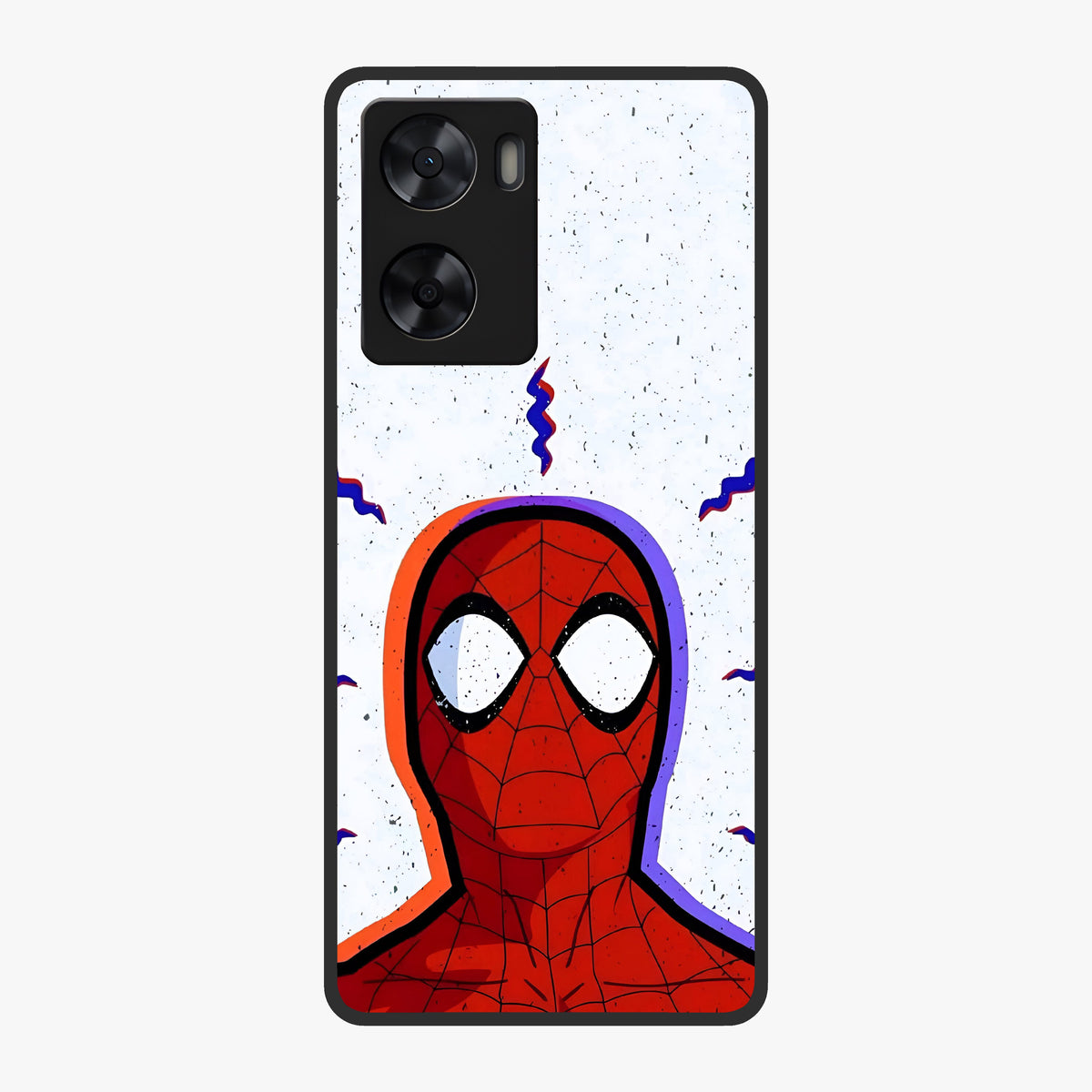 Omg Spiderman Glass Case showing flat back view with bold superhero inspired artwork and glossy glass finish.