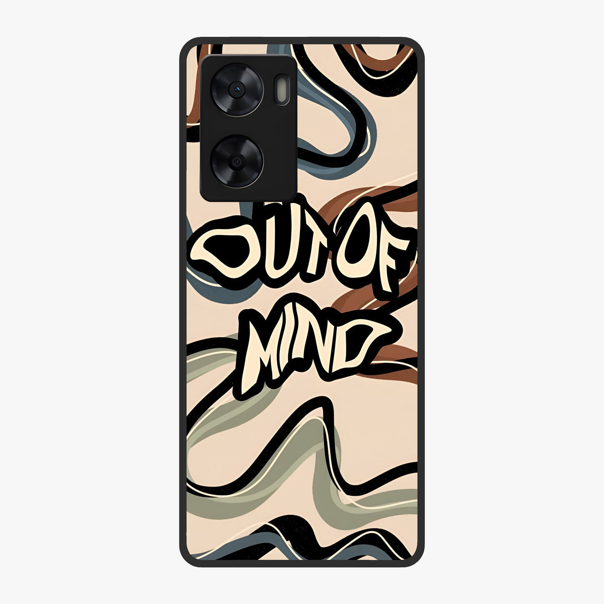 Out Of Mind Glass Case showing flat back view with expressive typography artwork and glossy glass finish.