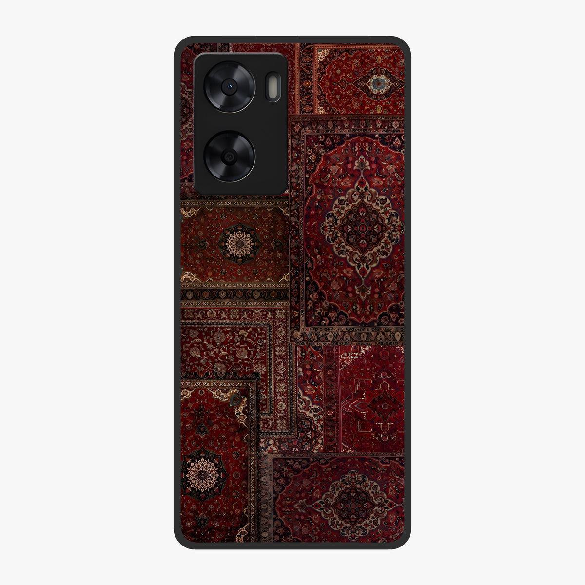 Persian Velvet Tale Glass Case showing flat back view with luxurious Persian velvet pattern artwork and glossy glass finish.