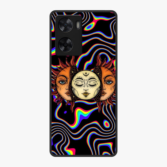 Psychedelic Sun Glass Case showing flat back view with colorful psychedelic sun artwork and glossy glass finish.