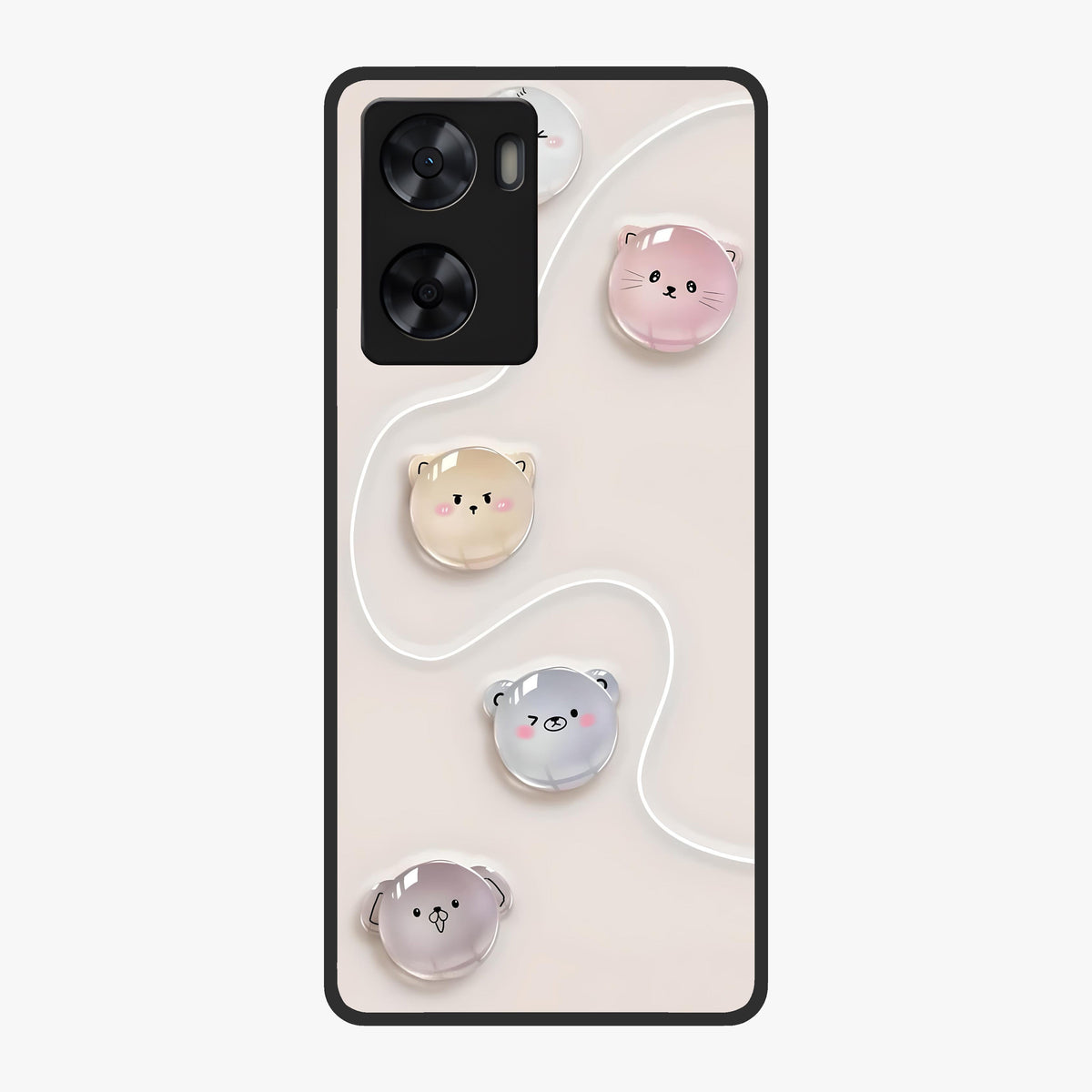 Puffy Face Parade Glass Case showing flat back view with cute puffy character faces artwork and glossy glass finish.