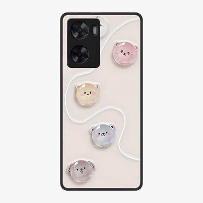 Puffy Face Parade Glass Case showing flat back view with cute puffy character faces artwork and glossy glass finish.