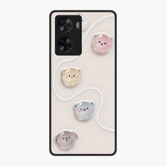 Puffy Face Parade Glass Case showing flat back view with cute puffy character faces artwork and glossy glass finish.