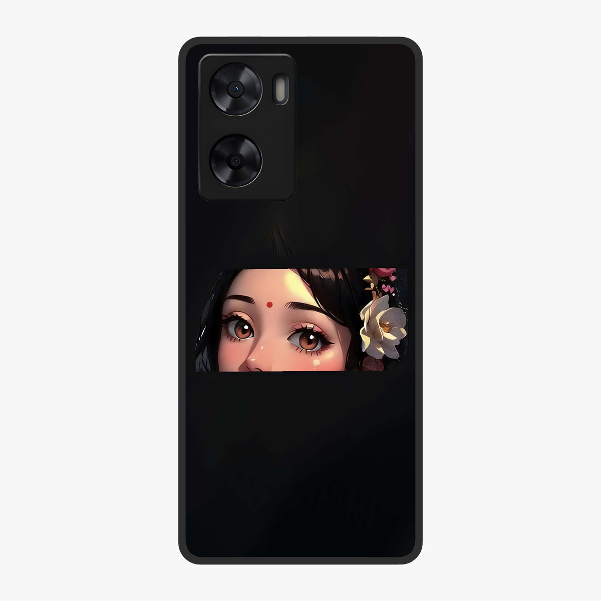 Radha Divine Embrace Glass Case showing flat back view with devotional Radha artwork and glossy glass finish.