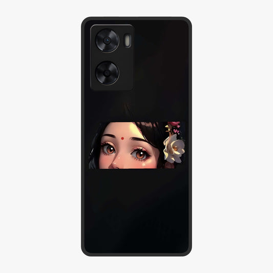 Radha Divine Embrace Glass Case showing flat back view with devotional Radha artwork and glossy glass finish.