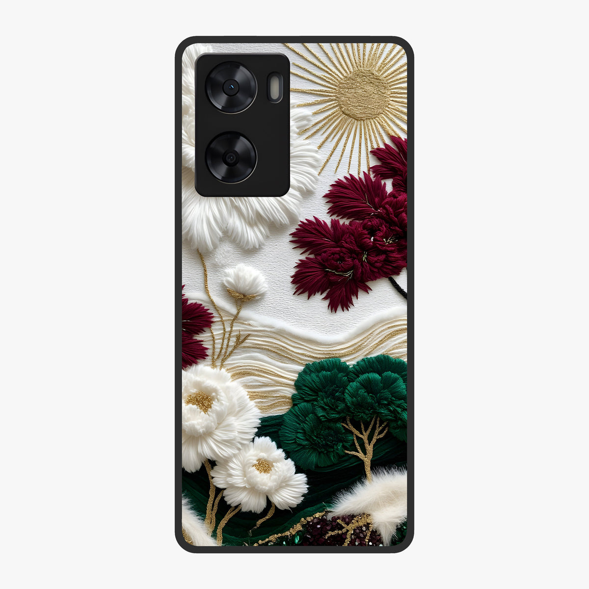 Radiant Bloom Elegance Glass Case showing flat back view with elegant blooming flower artwork and glossy glass finish.