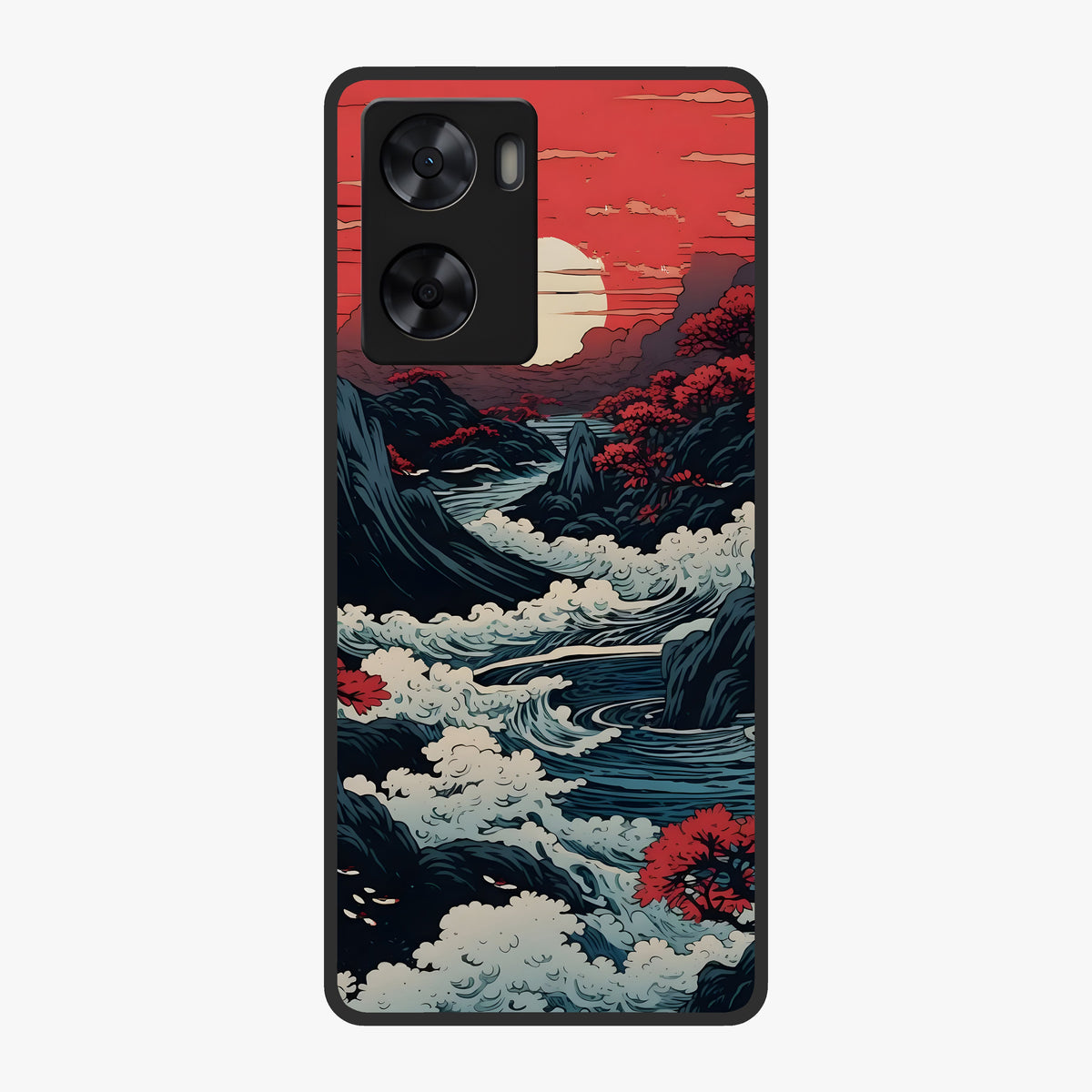 Red Sunset Scenery Glass Case showing flat back view with vibrant sunset landscape artwork and glossy glass finish.