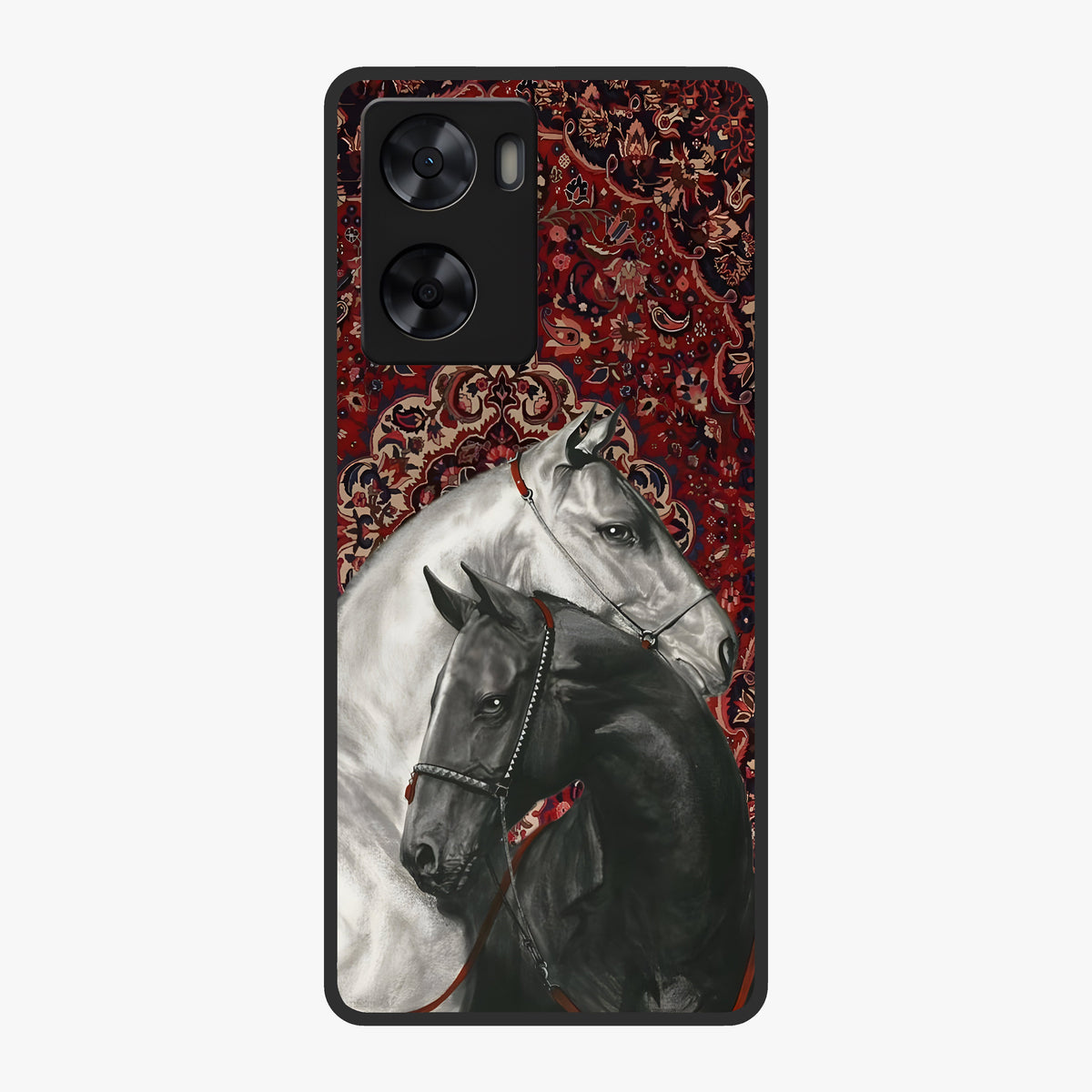 Regal Stallion Tapestry Glass Case showing flat back view with majestic horse tapestry artwork and glossy glass finish.