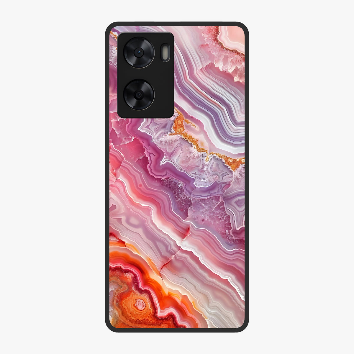 Rose Quartz Marble Glass Case showing flat back view with pink marble quartz texture artwork and glossy glass finish.