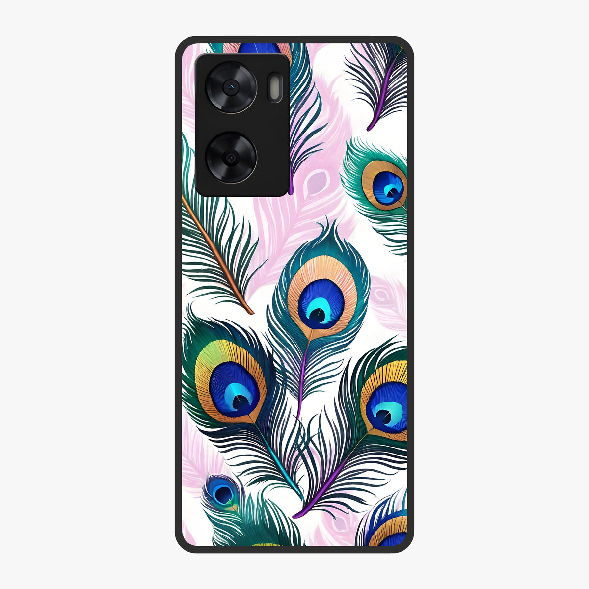 Royal Peacock Feathers Glass Case showing flat back view with colorful peacock feather artwork and glossy glass finish.