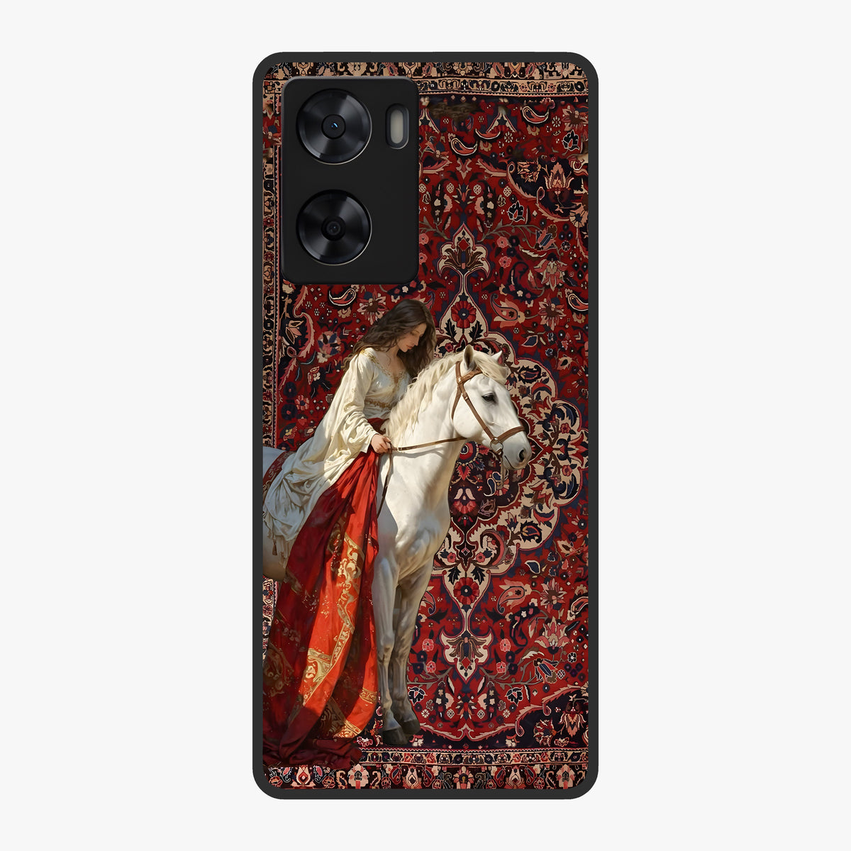 Royal Rider Tapestry Glass Case showing flat back view with majestic horse rider tapestry artwork and glossy glass finish.