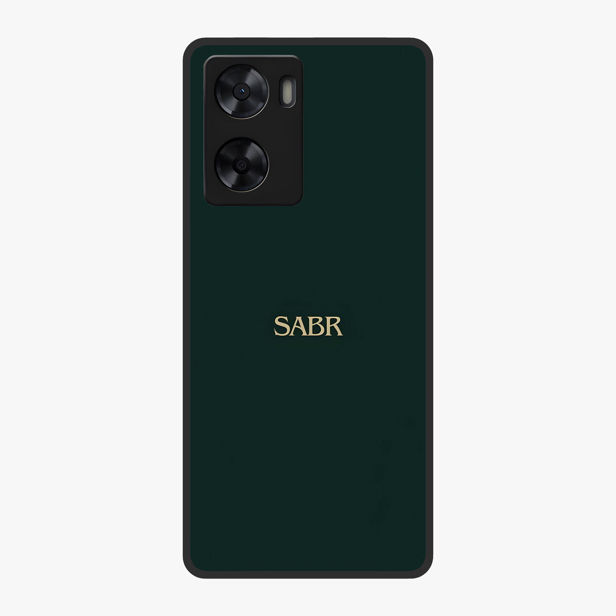 Sabr Minimal Patience Glass Case showing flat back view with minimalist typography artwork and glossy glass finish.