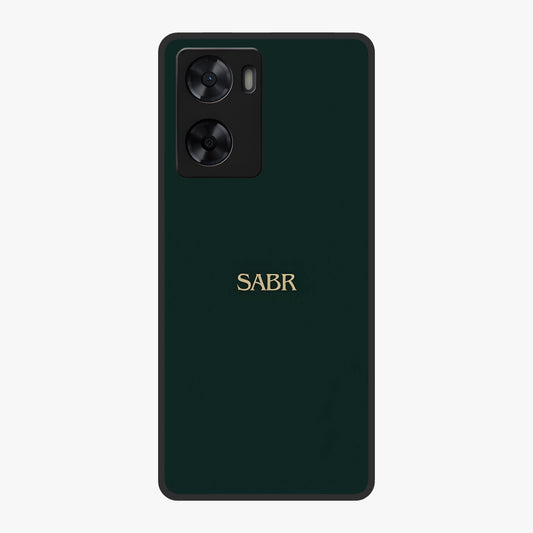 Sabr Minimal Patience Glass Case showing flat back view with minimalist typography artwork and glossy glass finish.