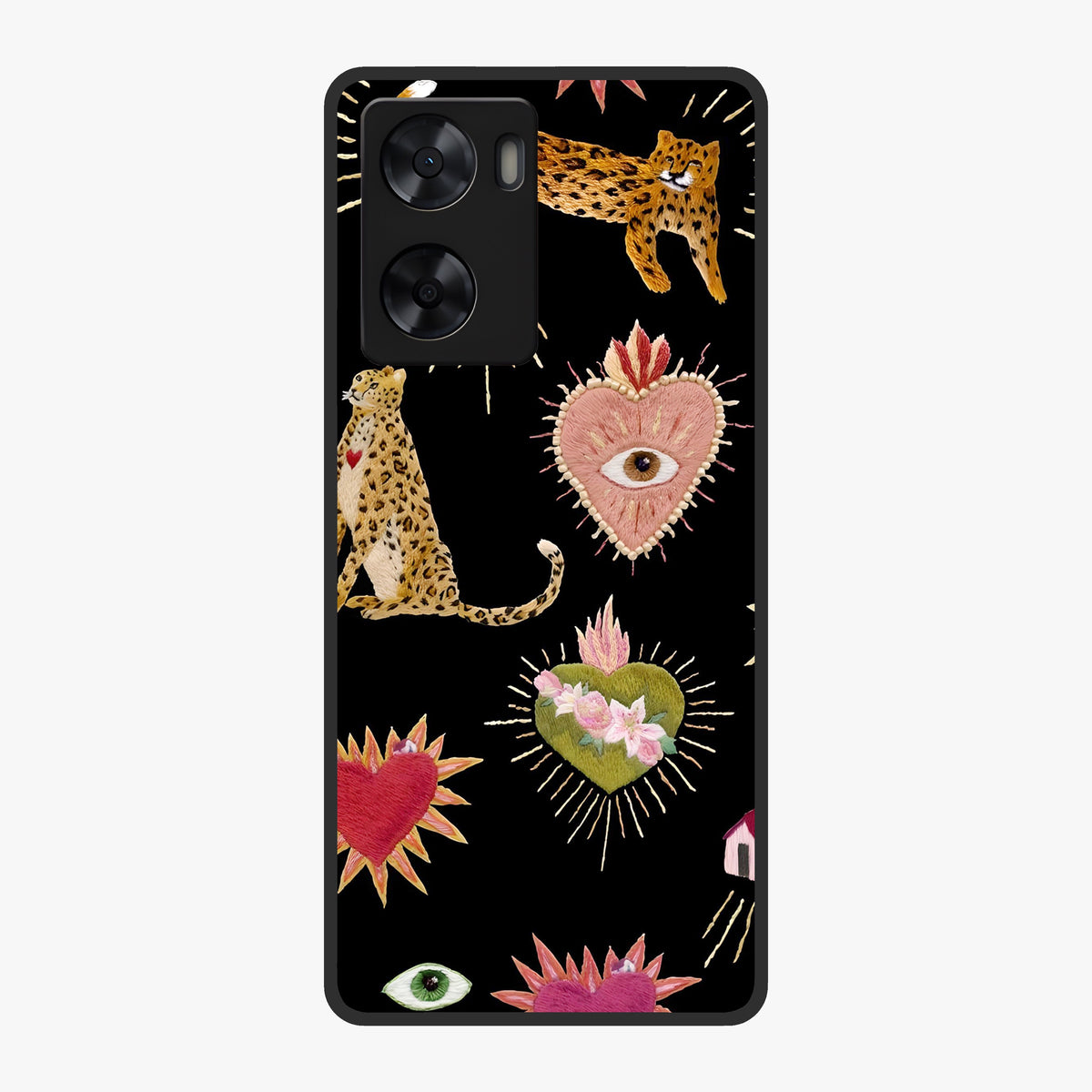 Sacred Jungle Heart Glass Case showing flat back view with jungle inspired heart artwork and glossy glass finish.