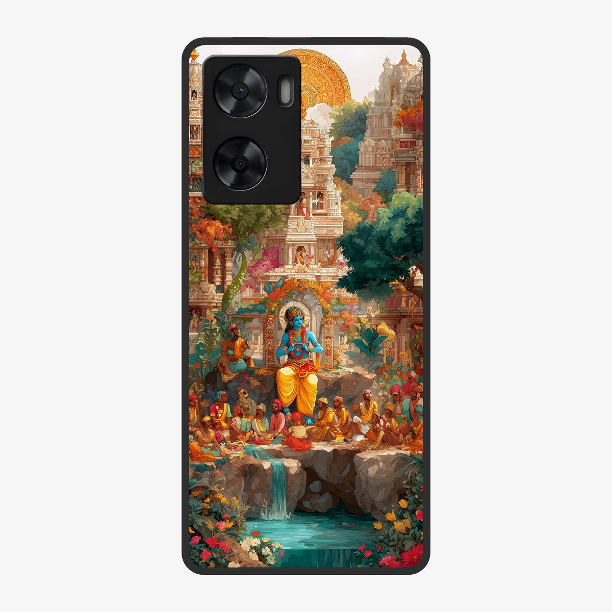 Sacred Sunlight Gods Glass Case showing flat back view with divine sunlight themed artwork and glossy glass finish.