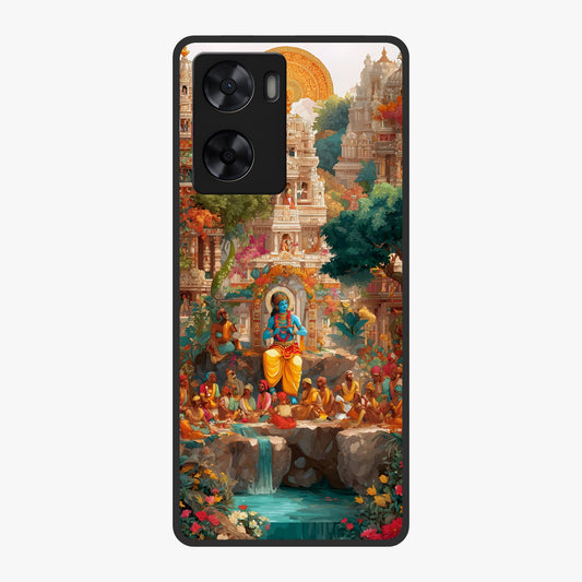 Sacred Sunlight Gods Glass Case showing flat back view with divine sunlight themed artwork and glossy glass finish.