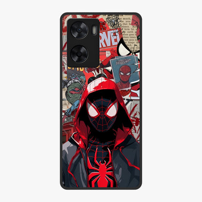Spider Collage Street Glass Case showing flat back view with vibrant superhero collage artwork and glossy glass finish.