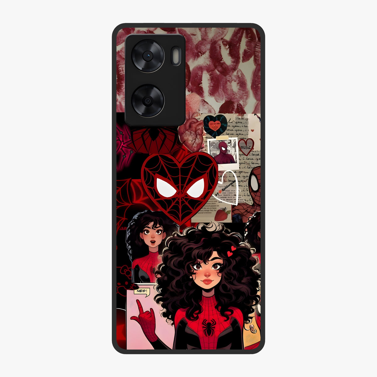 Spider Love Story Glass Case showing flat back view with romantic superhero themed artwork and glossy glass finish.