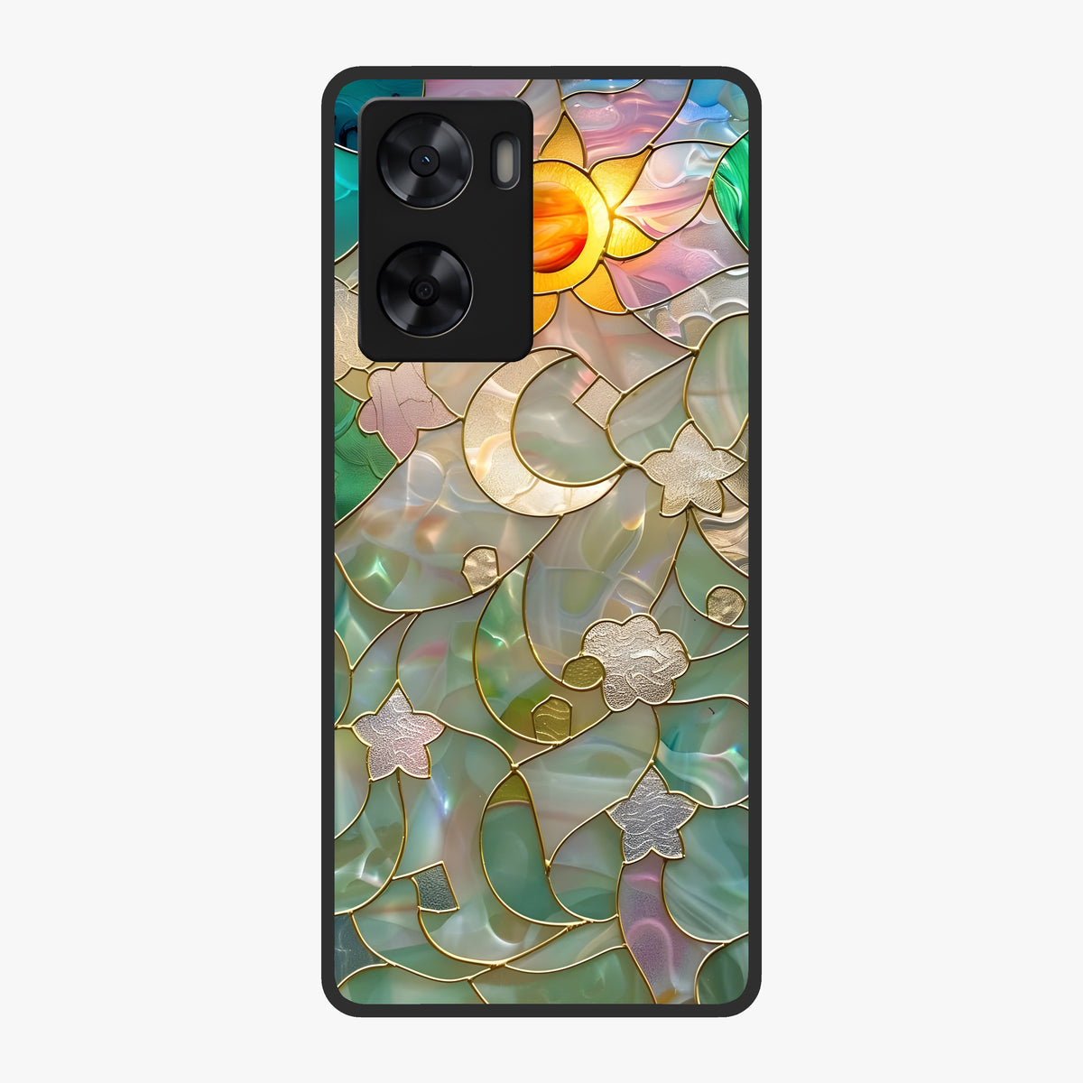 Stained Sunrise Glow Glass Case showing flat back view with glowing sunrise stained pattern artwork and glossy glass finish.