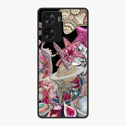 Starlit Jewel Dream Glass Case showing flat back view with sparkling jewel and star themed artwork and glossy glass finish.