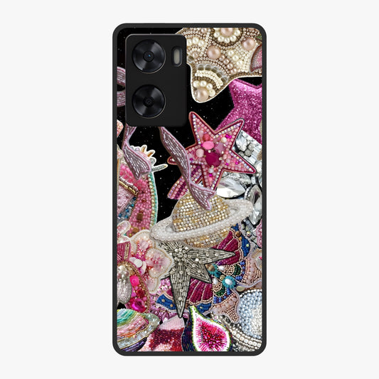 Starlit Jewel Dream Glass Case showing flat back view with sparkling jewel and star themed artwork and glossy glass finish.