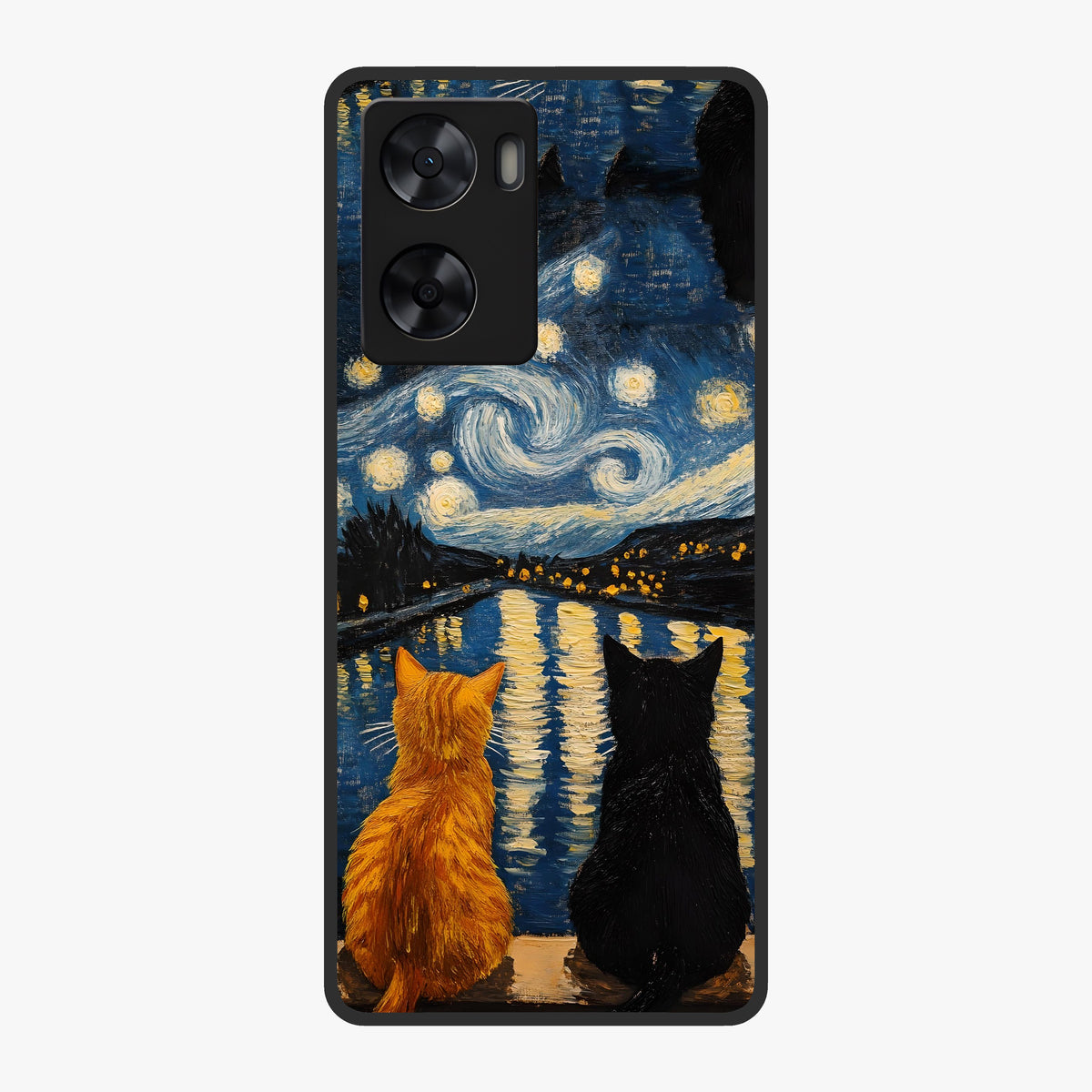 Starry River Cats Glass Case showing flat back view with cats by a starry river artwork and glossy glass finish.