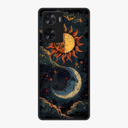 Sun And Moon Magic Design Glass Case showing flat back view with mystical sun and moon artwork and glossy glass finish.