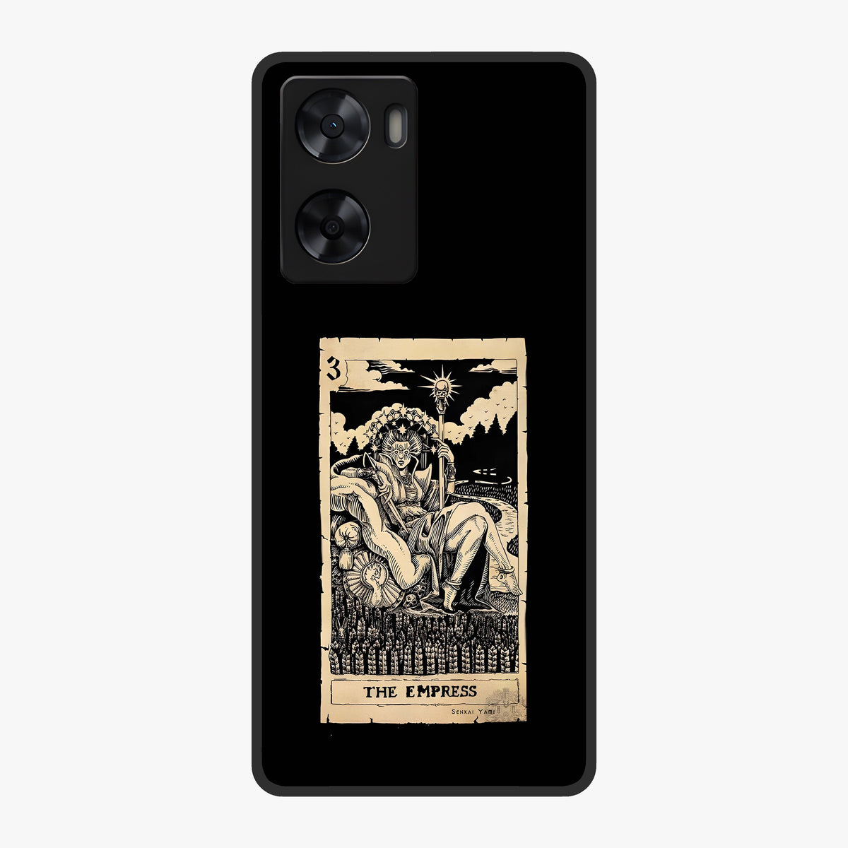 The Empress Glass Case showing flat back view with regal feminine artwork and glossy glass finish.