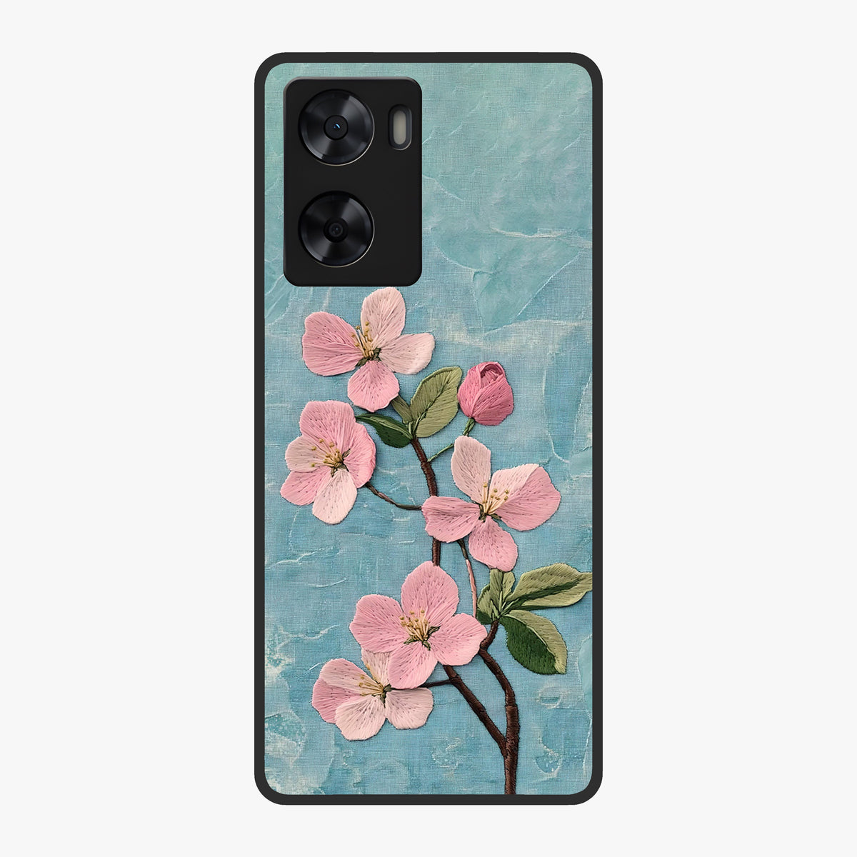 Threaded Blossom Breeze Glass Case showing flat back view with delicate blossom artwork and glossy glass finish.