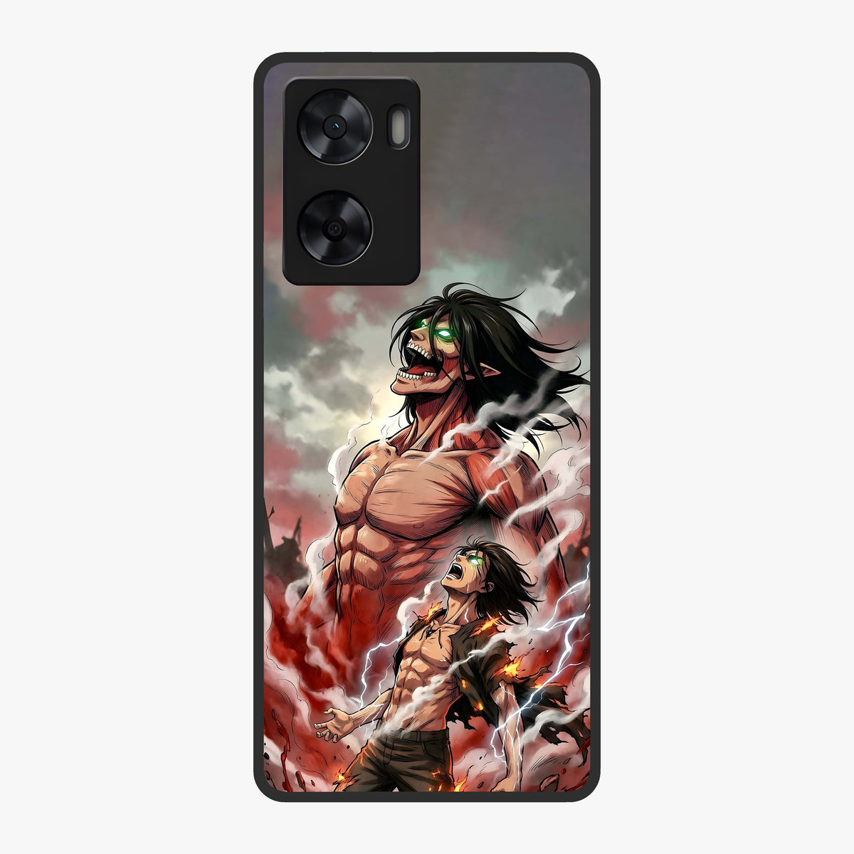 Titan Awakening Fury Glass Case showing flat back view with powerful titan inspired artwork and glossy glass finish.
