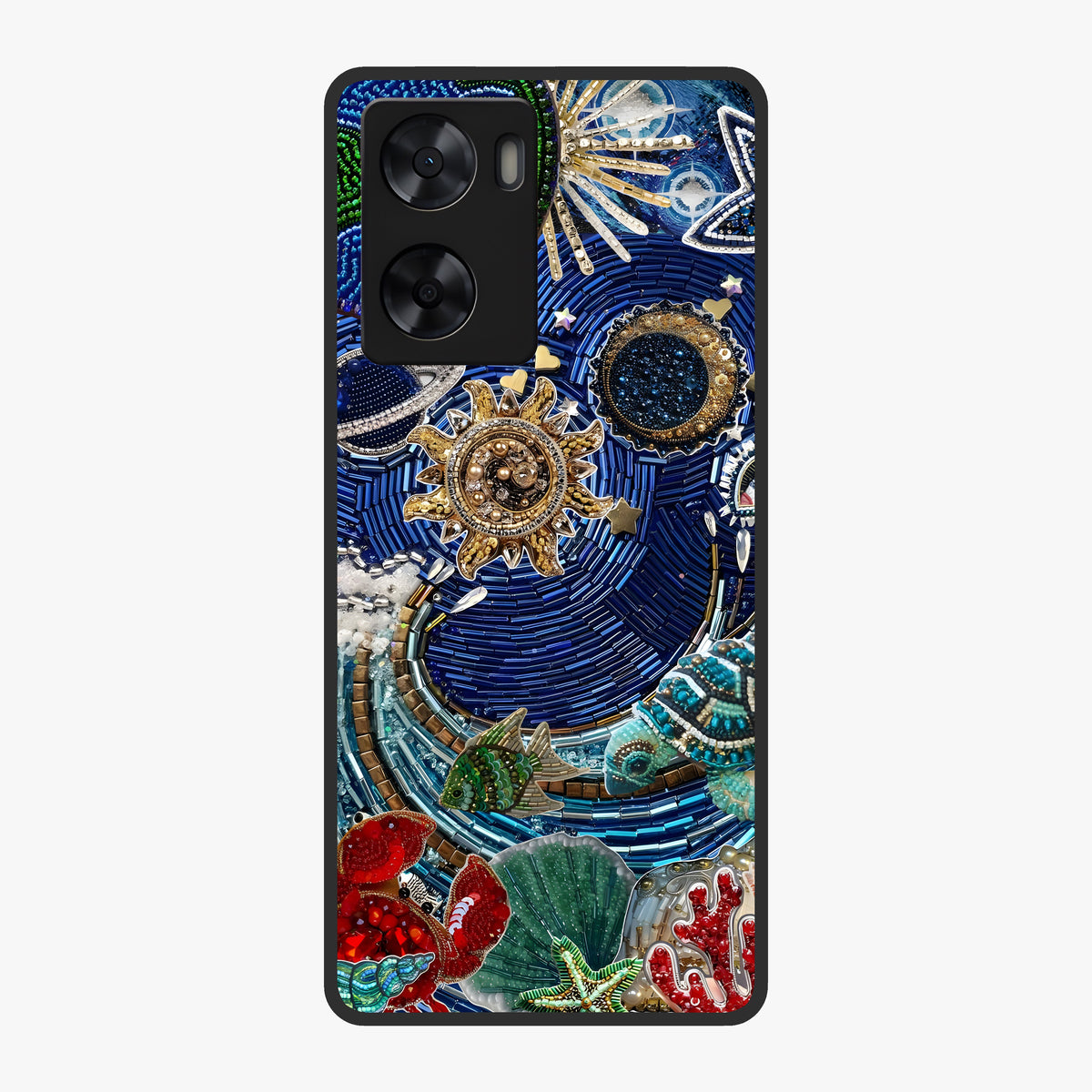 Universe Underwater Spark Glass Case showing flat back view with cosmic underwater themed artwork and glossy glass finish.