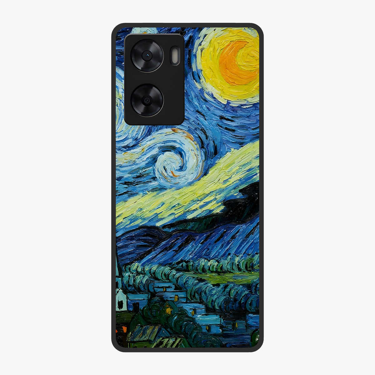 Van Gogh Art Glass Case showing flat back view with classic painterly artwork inspired by Van Gogh style and glossy glass finish.