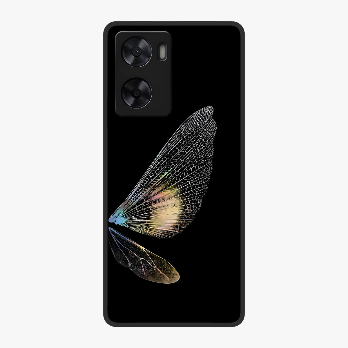 Whispers Of Wings Glass Case showing flat back view with graceful wing inspired artwork and glossy glass finish.