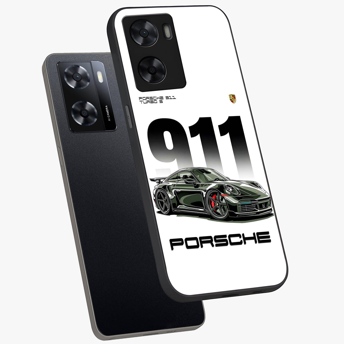 911 Turbo Dominance Glass Case displayed in premium angled mockup highlighting sporty car illustration and sleek glass surface.