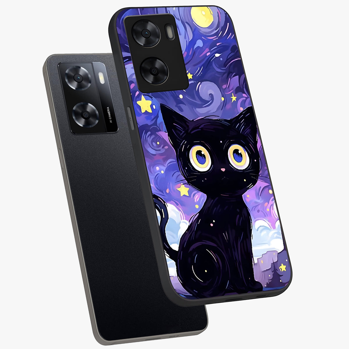 Abstract Cat Art Glass Case displayed in angled mockup highlighting modern abstract cat artwork and sleek glass surface.