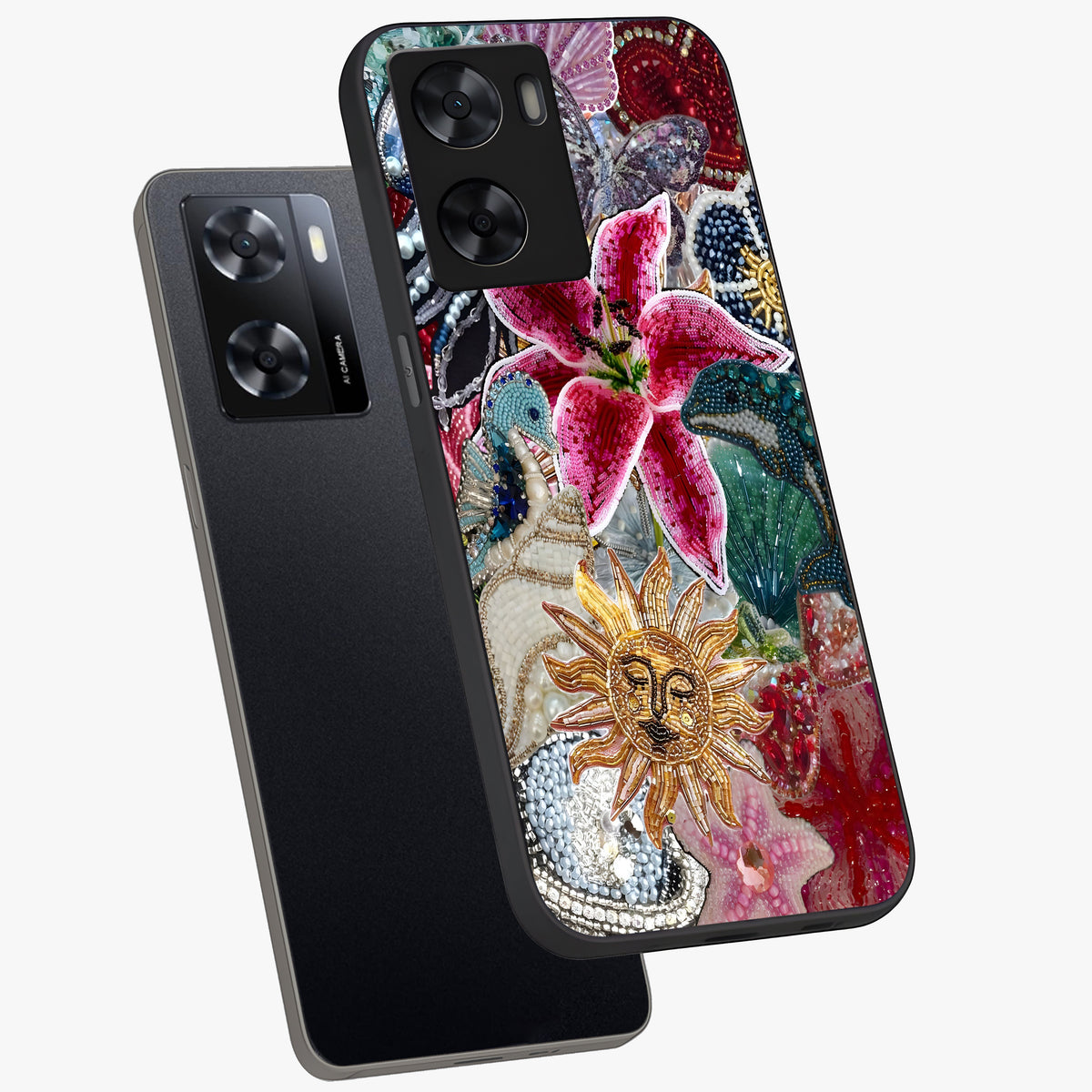 Beaded Garden Fantasy Glass Case displayed in angled mockup highlighting fantasy inspired floral bead pattern.