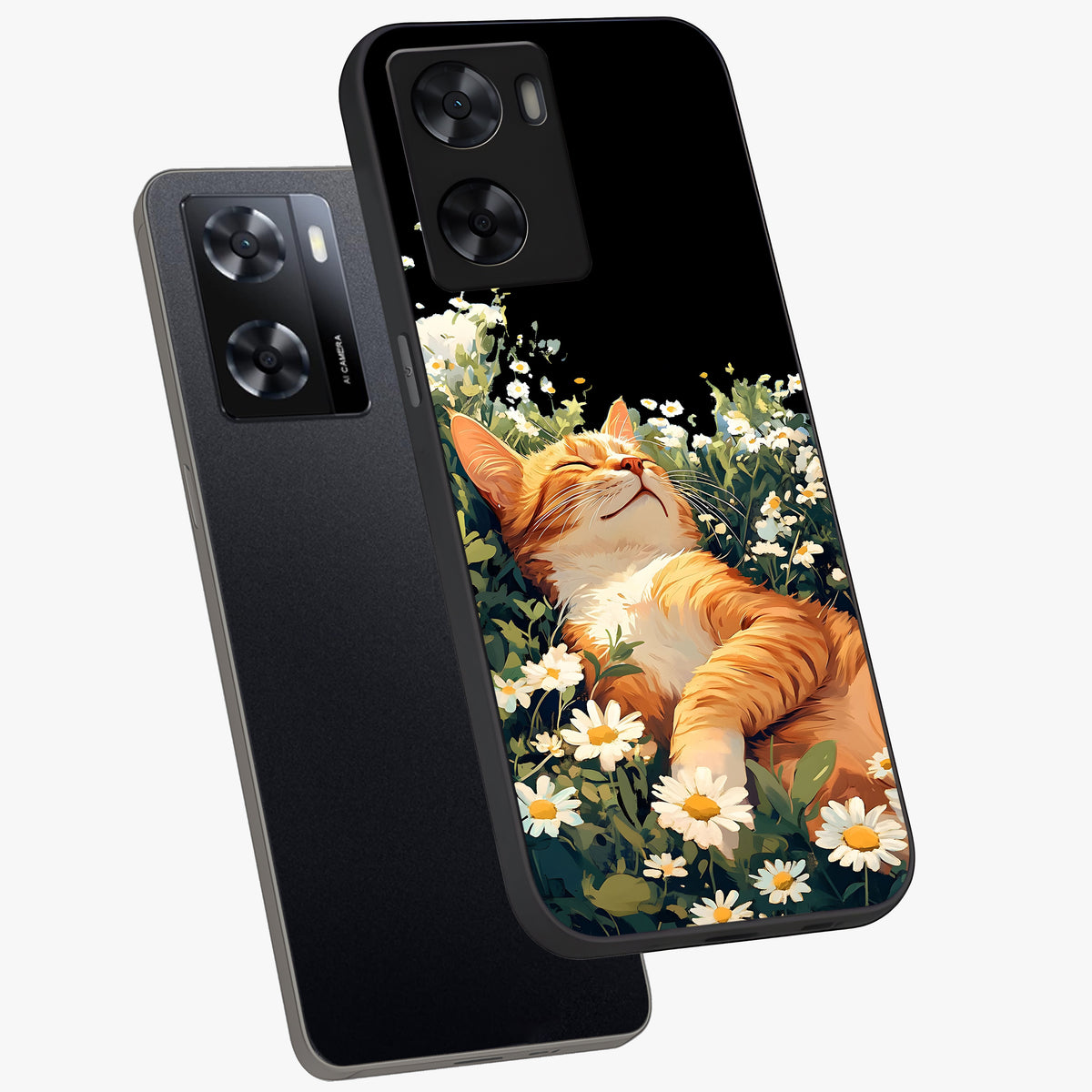 Blissful Bloom Cat Glass Case displayed in angled mockup highlighting playful feline illustration with soft floral aesthetic.