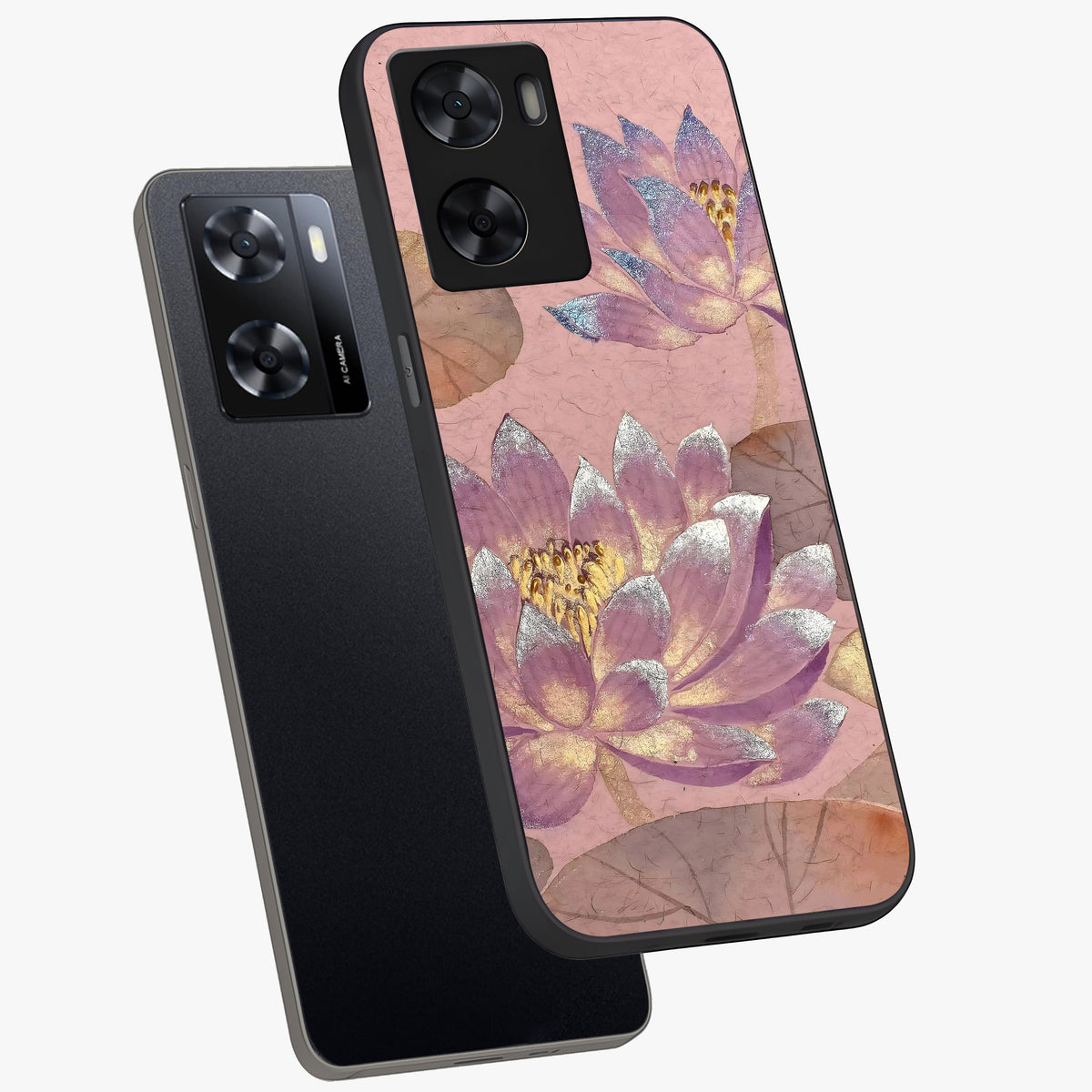 Blossom Mist Lotus Glass Case displayed in angled mockup highlighting delicate lotus illustration with calm aesthetic theme.